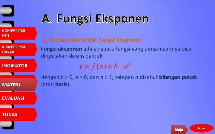 A. Fungsi Eksponen KOMPETENSI INTI KOMPETENSI DASAR 1. Konsep dan Grafik Fungsi Eksponen Fungsi