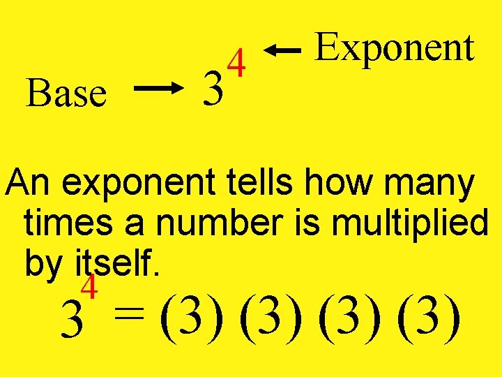 Base 3 4 Exponent An exponent tells how many times a number is multiplied