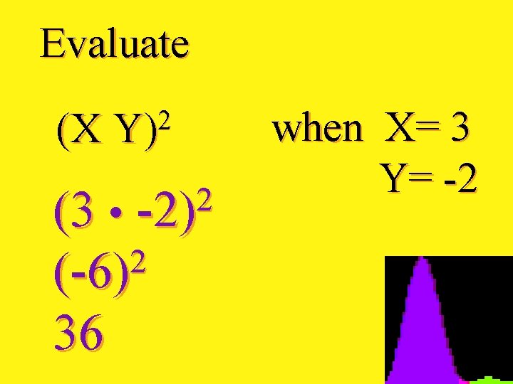 Evaluate 2 (X Y) 2 (3 • -2) 2 (-6) 36 when X= 3
