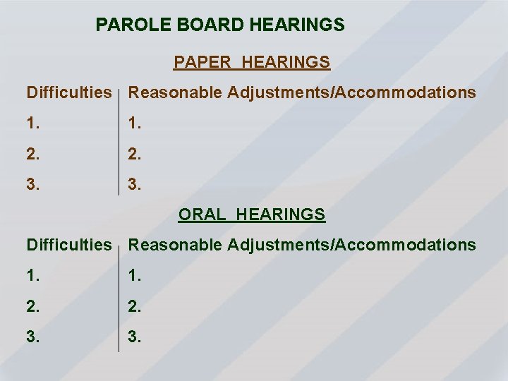 PAROLE BOARD HEARINGS PAPER HEARINGS Difficulties Reasonable Adjustments/Accommodations 1. 2. 3. ORAL HEARINGS Difficulties