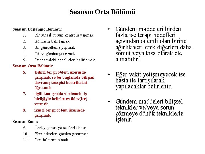 Seansın Orta Bölümü Seansın Başlangıç Bölümü: 1. Bir ruhsal durum kontrolü yapmak 2. Gündemi