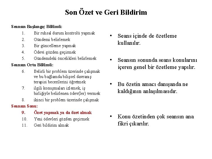 Son Özet ve Geri Bildirim Seansın Başlangıç Bölümü: 1. Bir ruhsal durum kontrolü yapmak