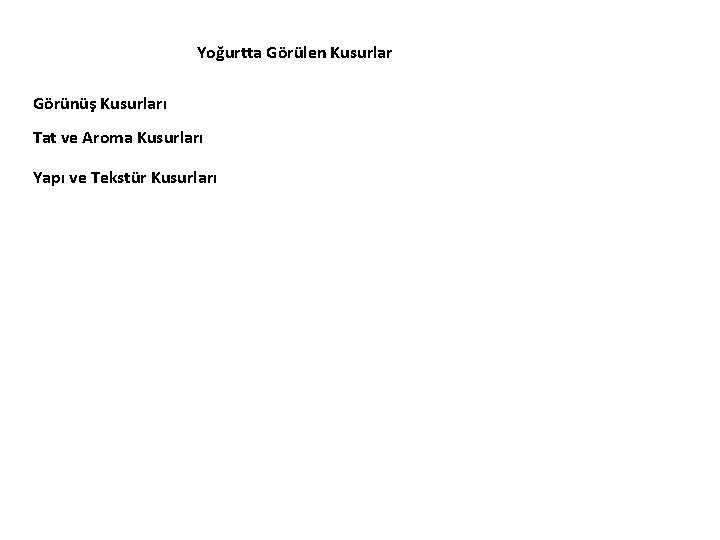 Yoğurtta Görülen Kusurlar Görünüş Kusurları Tat ve Aroma Kusurları Yapı ve Tekstür Kusurları 