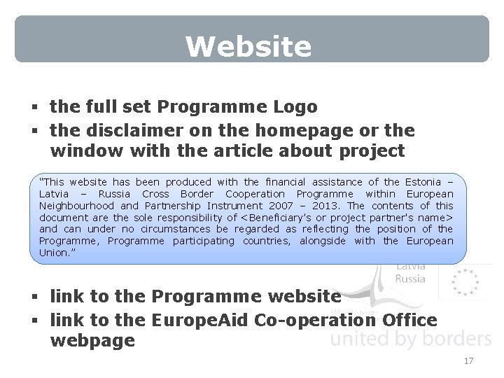 Website § the full set Programme Logo § the disclaimer on the homepage or