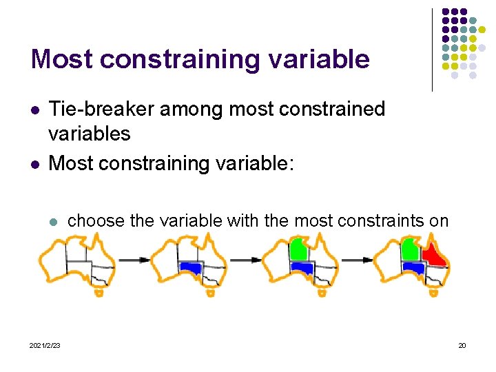 Most constraining variable l l Tie-breaker among most constrained variables Most constraining variable: l
