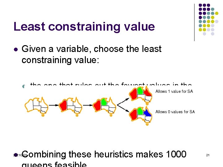 Least constraining value l Given a variable, choose the least constraining value: l l