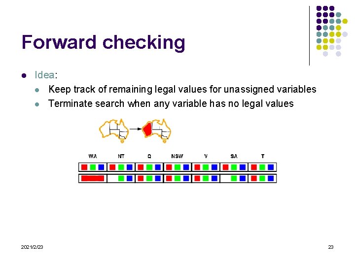 Forward checking l Idea: l Keep track of remaining legal values for unassigned variables