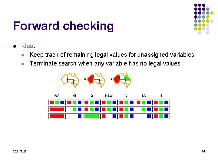 Forward checking l Idea: l Keep track of remaining legal values for unassigned variables