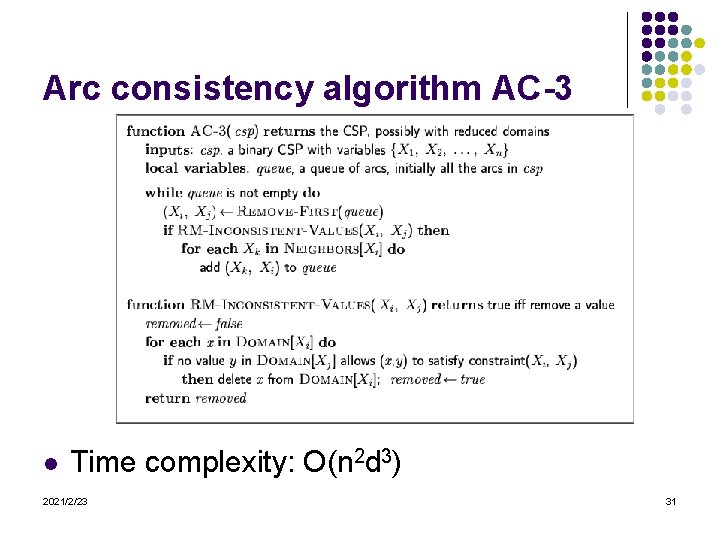 Arc consistency algorithm AC-3 l Time complexity: O(n 2 d 3) 2021/2/23 31 