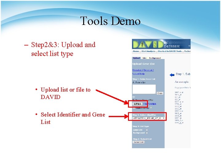 Tools Demo – Step 2&3: Upload and select list type • Upload list or