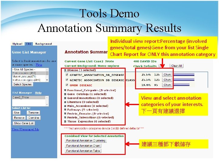 Tools Demo Annotation Summary Results Individual view report: Percentage (involved genes/total genes)Gene from your