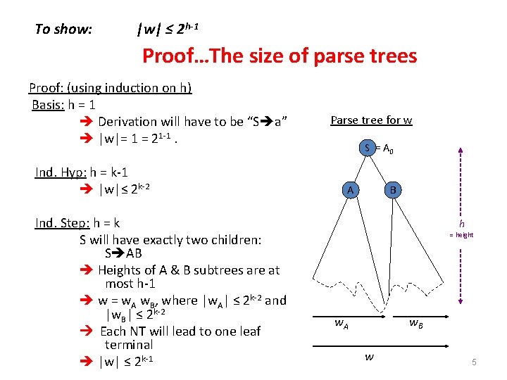 To show: |w| ≤ 2 h-1 Proof…The size of parse trees Proof: (using induction