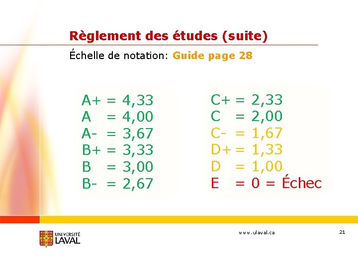 Règlement des études (suite) Échelle de notation: Guide page 28 A+ = 4, 33