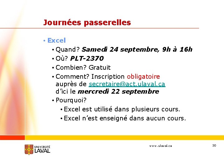 Journées passerelles • Excel • Quand? Samedi 24 septembre, 9 h à 16 h