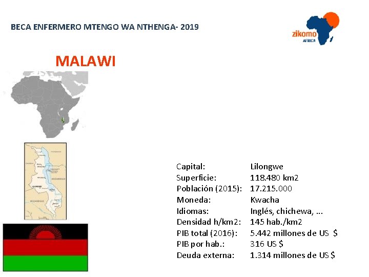 BECA ENFERMERO MTENGO WA NTHENGA- 2019 MALAWI Capital: Superficie: Población (2015): Moneda: Idiomas: Densidad