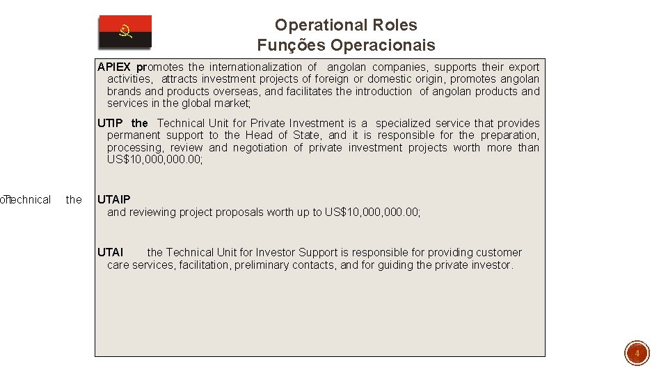 ort Technical Operational Roles Funções Operacionais APIEX promotes the internationalization of angolan companies, supports