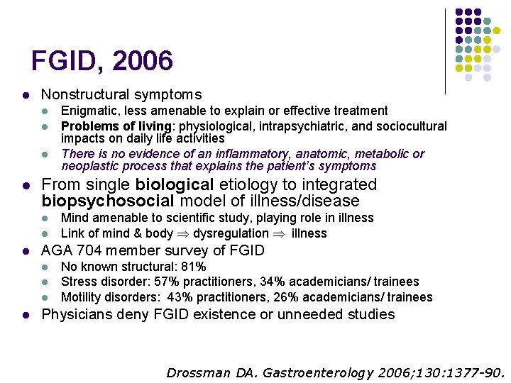 FGID, 2006 l Nonstructural symptoms l l From single biological etiology to integrated biopsychosocial