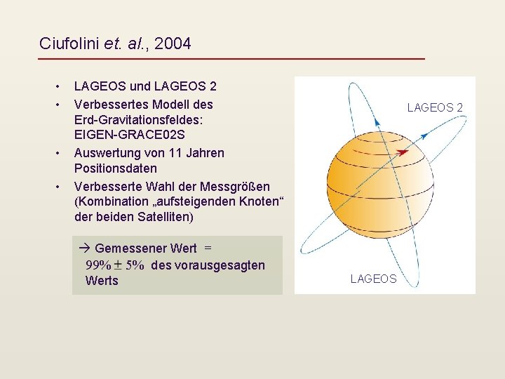 Ciufolini et. al. , 2004 • • LAGEOS und LAGEOS 2 Verbessertes Modell des