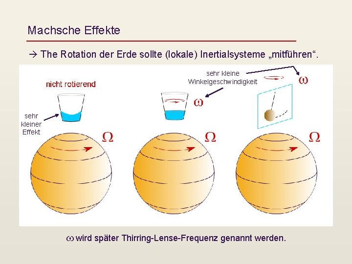 Machsche Effekte The Rotation der Erde sollte (lokale) Inertialsysteme „mitführen“. sehr kleine Winkelgeschwindigkeit sehr