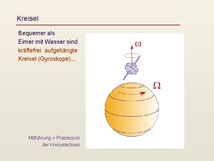 Kreisel Bequemer als Eimer mit Wasser sind kräftefrei aufgehängte Kreisel (Gyroskope). . . Mitführung