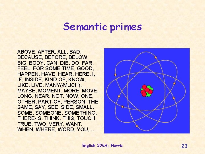 Semantic primes ABOVE, AFTER, ALL, BAD, BECAUSE, BEFORE, BELOW, BIG, BODY, CAN, DIE, DO,