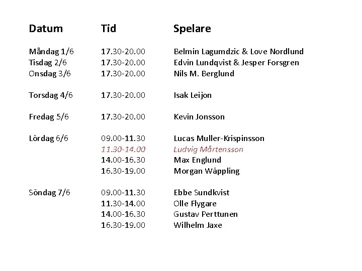 Datum Tid Spelare Måndag 1/6 Tisdag 2/6 Onsdag 3/6 17. 30 -20. 00 Belmin