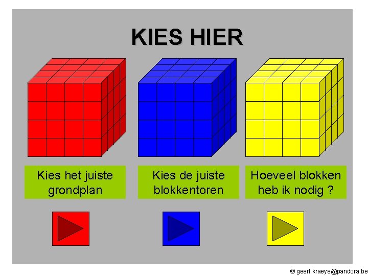 KIES HIER Kies het juiste grondplan Kies de juiste blokkentoren Hoeveel blokken heb ik