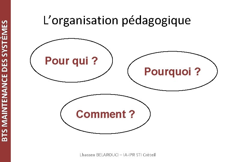 BTS MAINTENANCE DES SYSTÈMES L’organisation pédagogique Pour qui ? Pourquoi ? Comment ? Lhassen