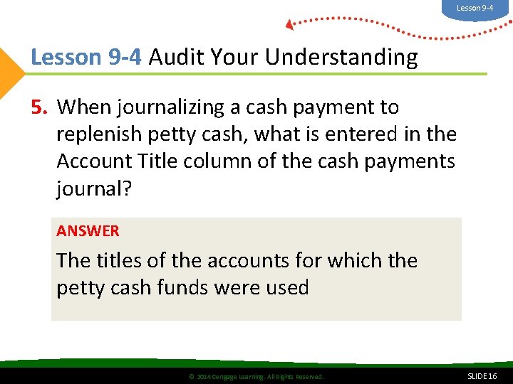 Lesson 9 -4 Audit Your Understanding 5. When journalizing a cash payment to replenish Lesson 9 -4 Audit Your Understanding 5. When journalizing a cash payment to replenish
