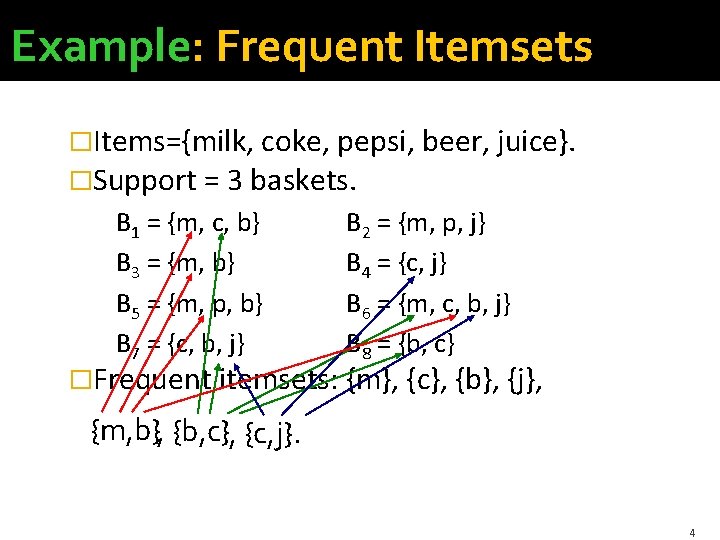 Example: Frequent Itemsets �Items={milk, coke, pepsi, beer, juice}. �Support = 3 baskets. B 1