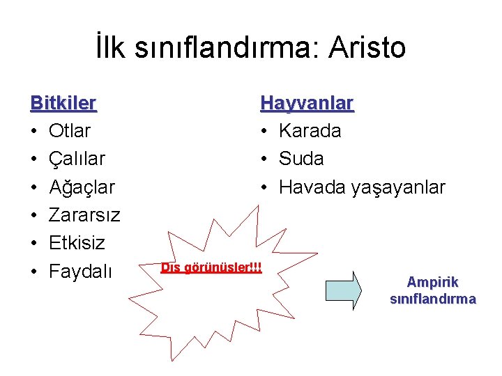 İlk sınıflandırma: Aristo Bitkiler • Otlar • Çalılar • Ağaçlar • Zararsız • Etkisiz