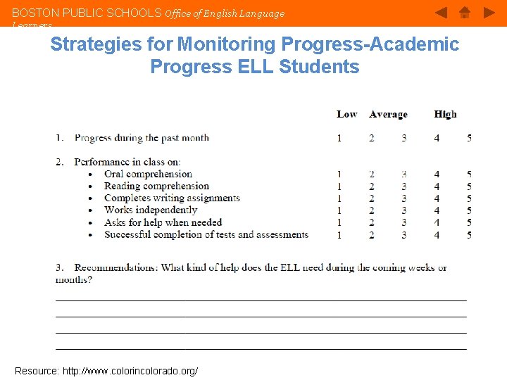 BOSTON PUBLIC SCHOOLS Office of English Language Learners Strategies for Monitoring Progress-Academic Progress ELL