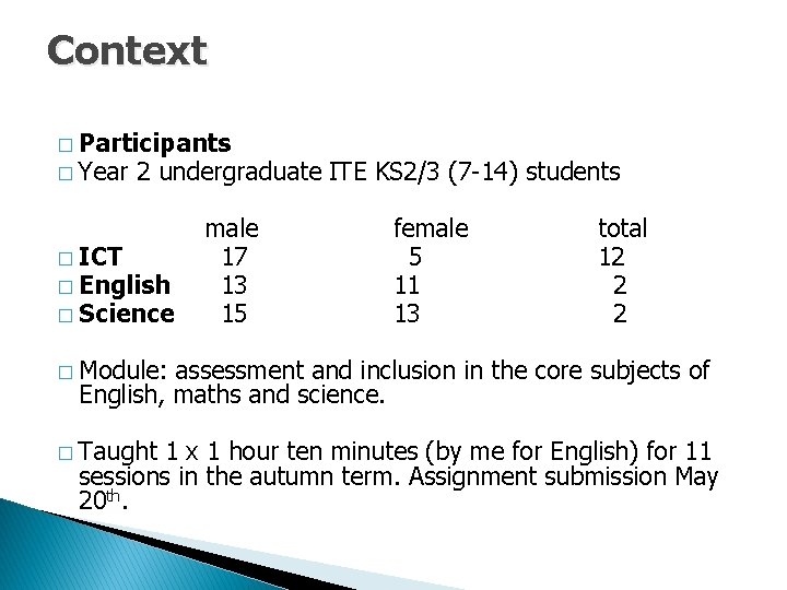 Context � Participants � Year 2 undergraduate ITE KS 2/3 (7 -14) students �