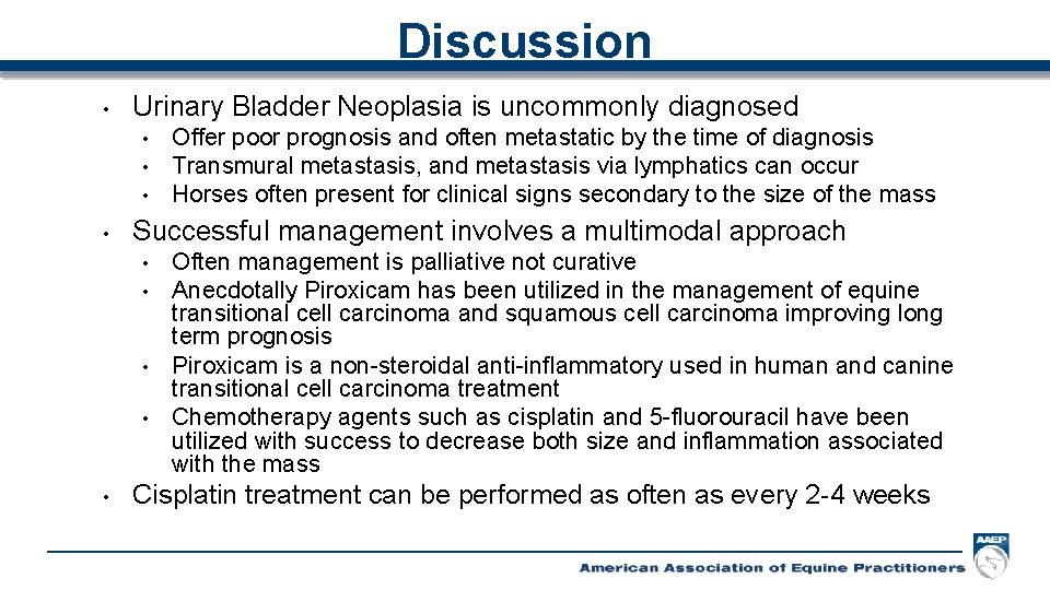 Discussion • Urinary Bladder Neoplasia is uncommonly diagnosed • • Offer poor prognosis and
