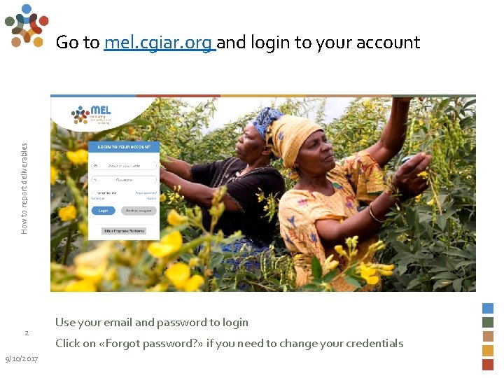 How to report deliverables Go to mel. cgiar. org and login to your account