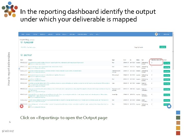 How to report deliverables In the reporting dashboard identify the output under which your