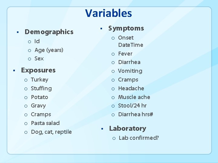 Variables § Demographics § o Onset Date. Time o Fever o Diarrhea o Vomiting