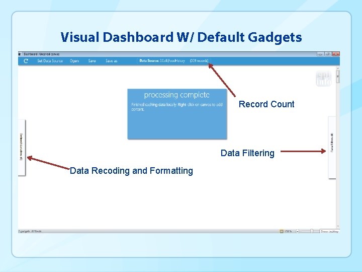 Visual Dashboard W/ Default Gadgets Record Count Data Filtering Data Recoding and Formatting 