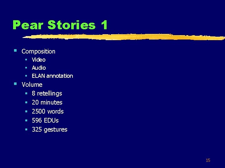 Pear Stories 1 § § Composition § Video § Audio § ELAN annotation Volume
