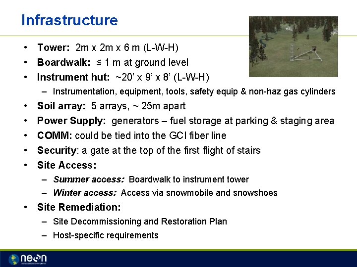 Infrastructure • Tower: 2 m x 6 m (L-W-H) • Boardwalk: ≤ 1 m