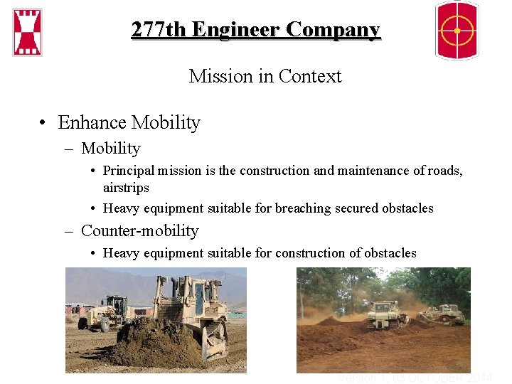 277 th Engineer Company Mission in Context • Enhance Mobility – Mobility • Principal