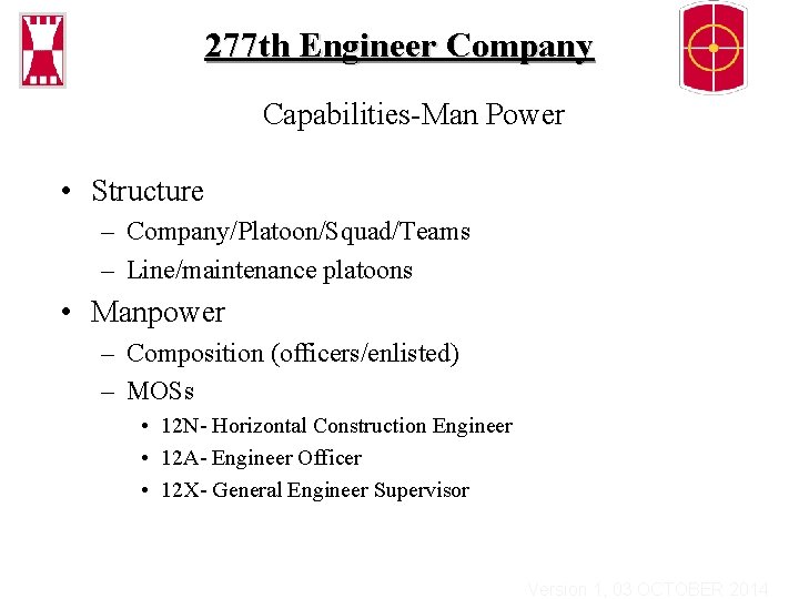 277 th Engineer Company Capabilities-Man Power • Structure – Company/Platoon/Squad/Teams – Line/maintenance platoons •