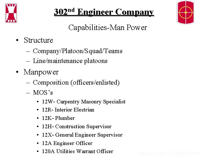 302 nd Engineer Company Capabilities-Man Power • Structure – Company/Platoon/Squad/Teams – Line/maintenance platoons •