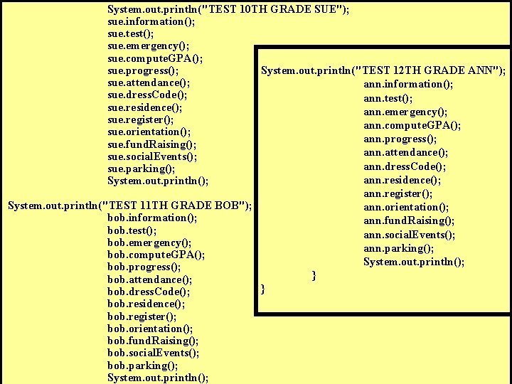  System. out. println("TEST 10 TH GRADE SUE"); sue. information(); sue. test(); sue. emergency();