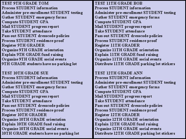 TEST 9 TH GRADE TOM Process STUDENT information Administer pre-enrollment STUDENT testing Gather STUDENT