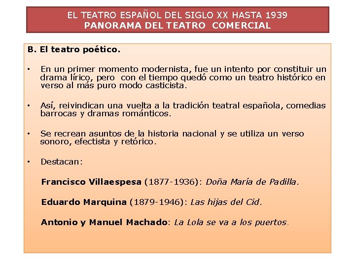 EL TEATRO ESPAÑOL DEL SIGLO XX HASTA 1939 PANORAMA DEL TEATRO COMERCIAL B. El