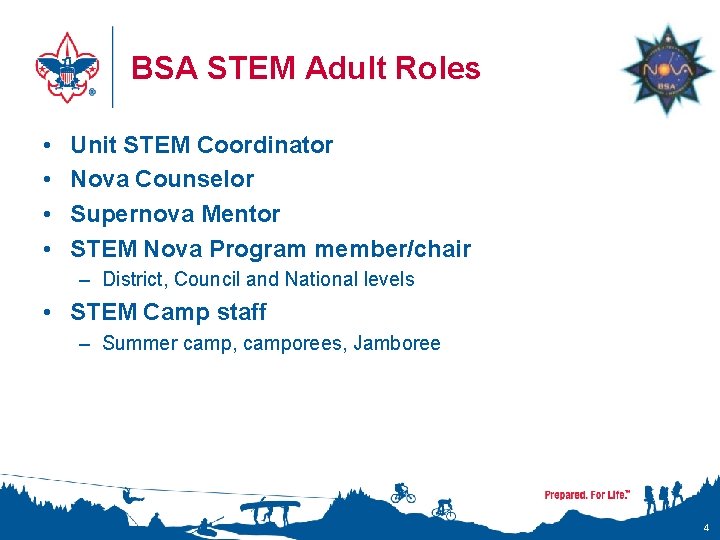 BSA STEM Adult Roles • • Unit STEM Coordinator Nova Counselor Supernova Mentor STEM