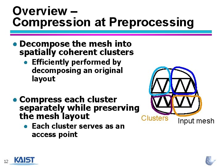 Overview – Compression at Preprocessing ● Decompose the mesh into spatially coherent clusters ●