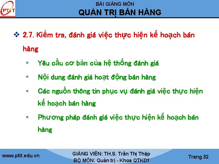 BÀI GIẢNG MÔN QUẢN TRỊ BÁN HÀNG v 2. 7. Kiểm tra, đánh giá