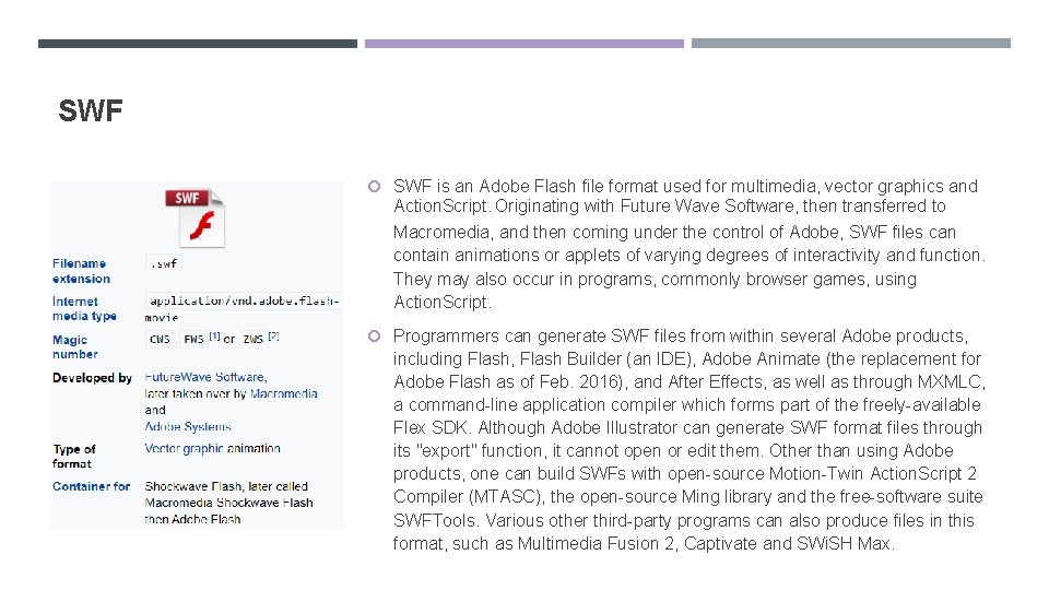 SWF is an Adobe Flash file format used for multimedia, vector graphics and Action.